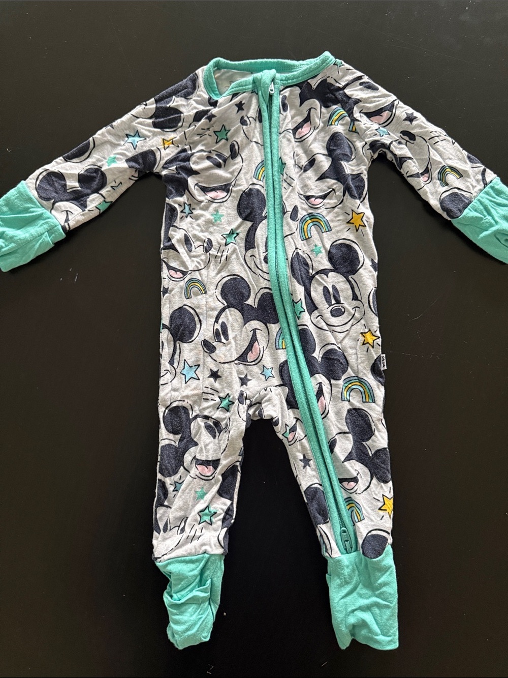 Little Sleepies Gray Mickey Mouse Print One-Piece with Teal Trim